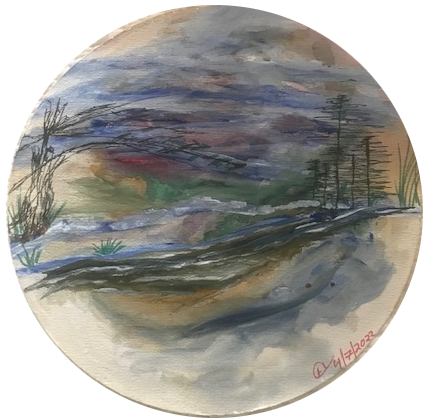 Scene painted in acrylic on circular glass